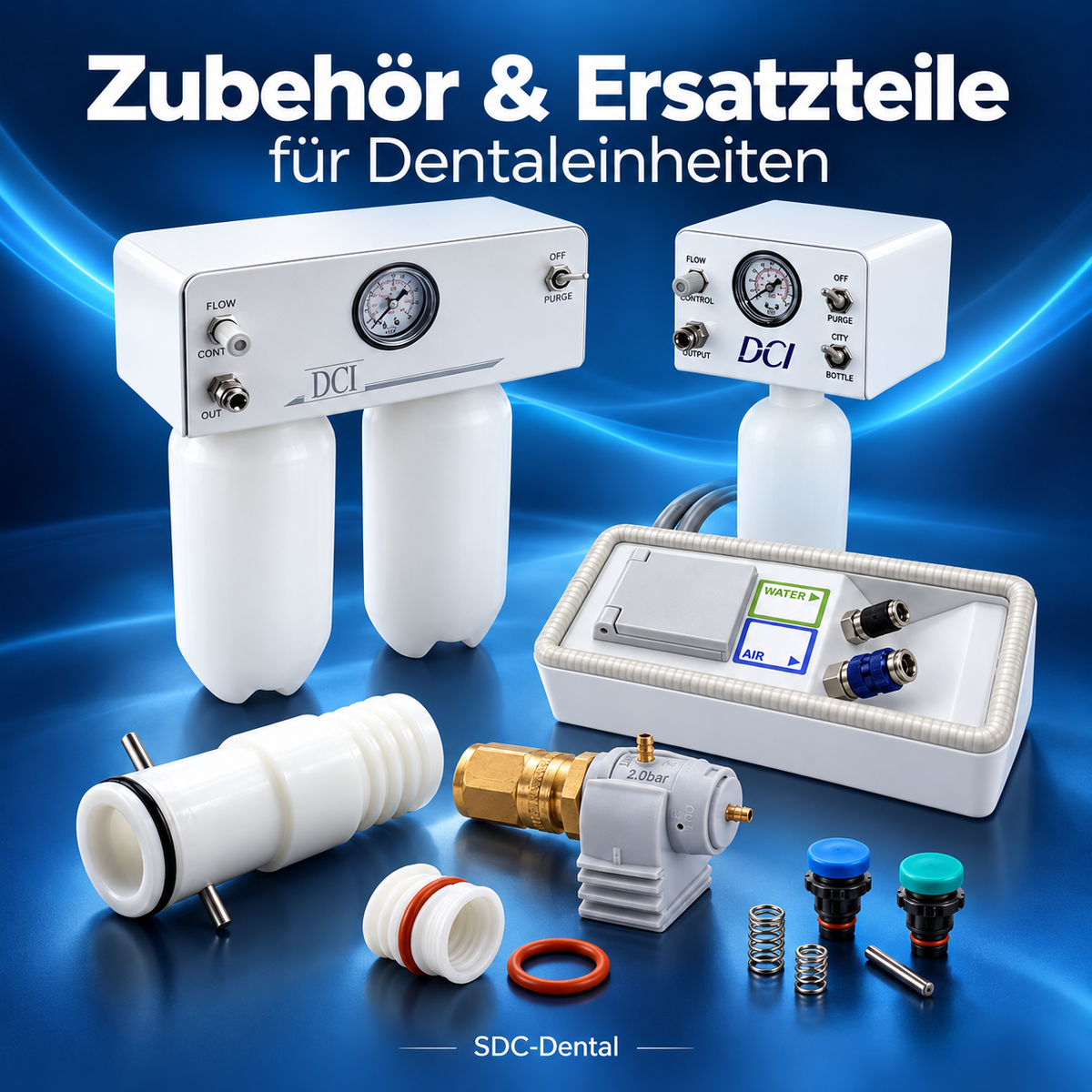 DCI Clean-Water-Systeme, Anschlussbox, Bajonettadapter, Druckventil und kleine Ersatzteile vor blauem Hintergrund.