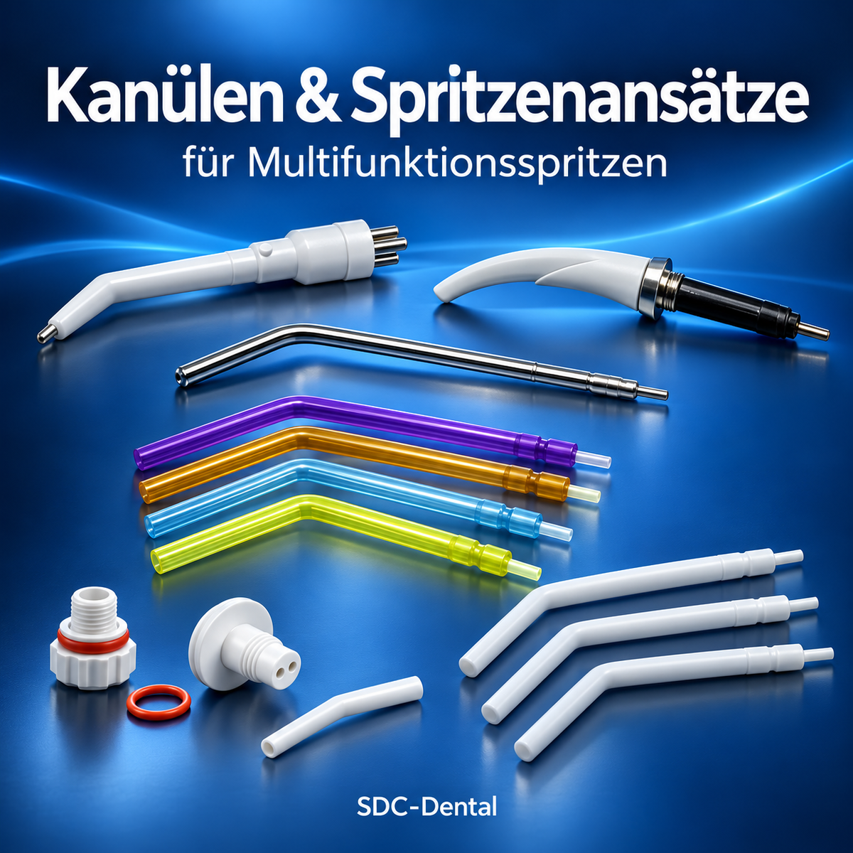 Metallkanülen, weiße und bunte Einwegkanülen sowie Kanülenaufnahme und Adapter für dentale Multifunktionsspritzen vor blauem Hintergrund.