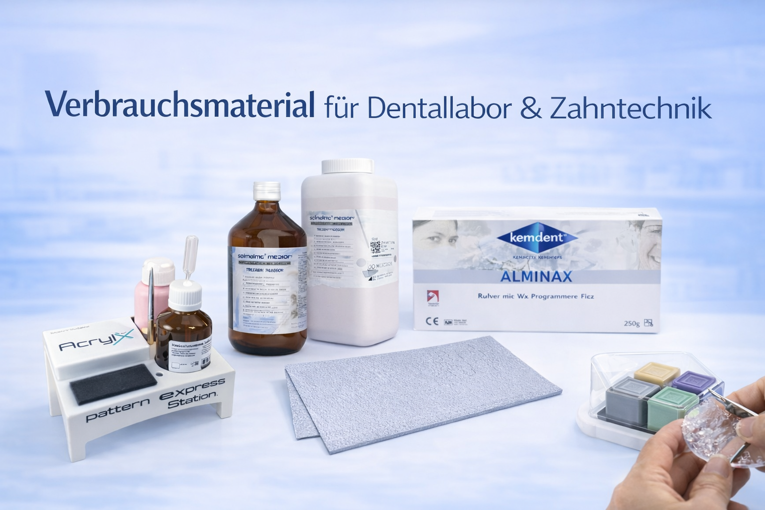 Verbrauchsmaterial für Dentallabor und Zahntechnik mit Gipsen, Kunststoffen und Laborbedarf