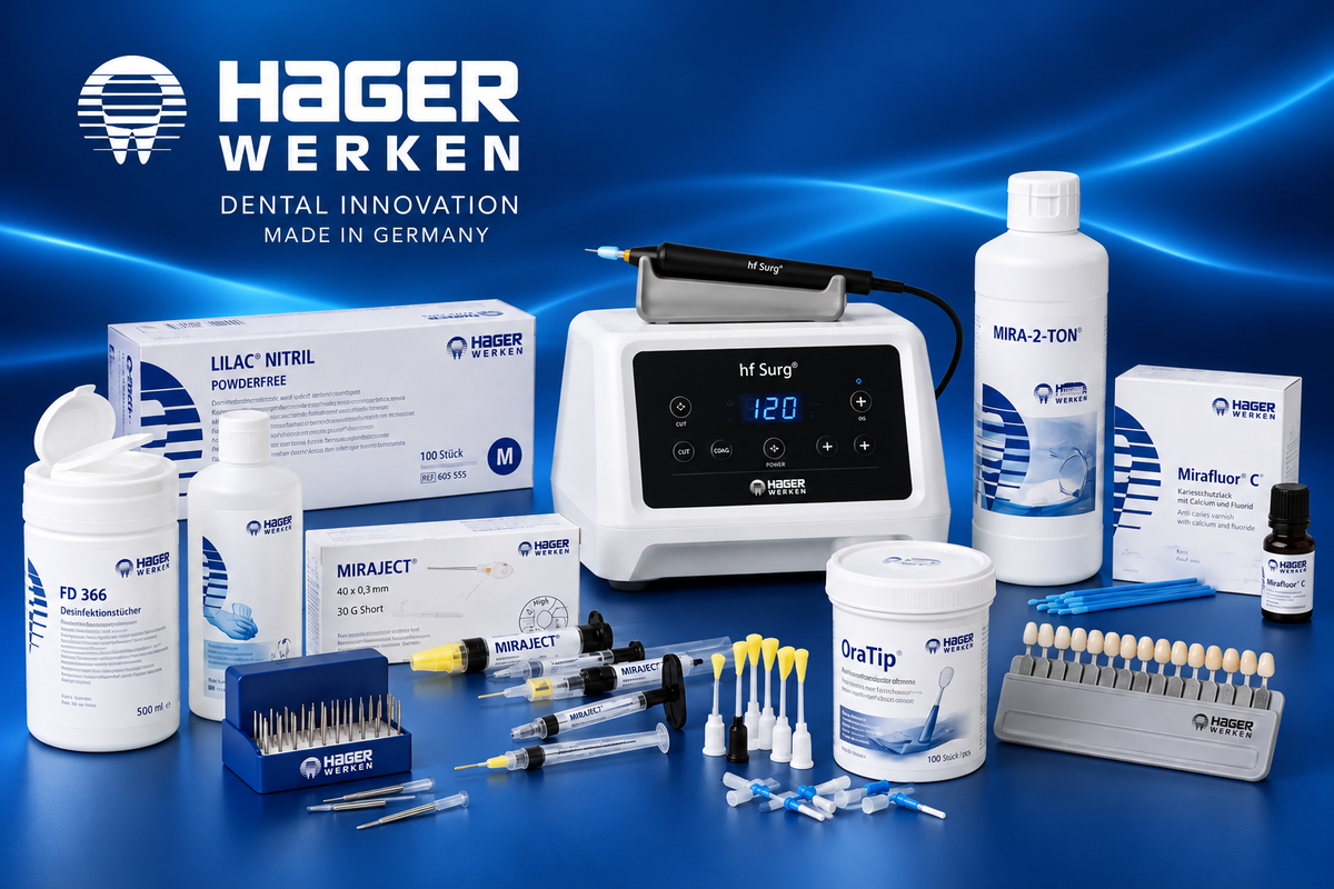 Hager & Werken Dentalprodukte mit hf Surg, Verbrauchsmaterialien und Zubehör vor blauem Hintergrund.