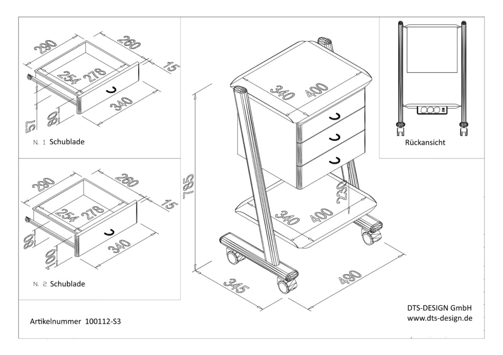 <strong>DTS- Design Geräte-Cart LARGE </strong><br>mit Option Schubladen und Luft-/Wasserversorgung