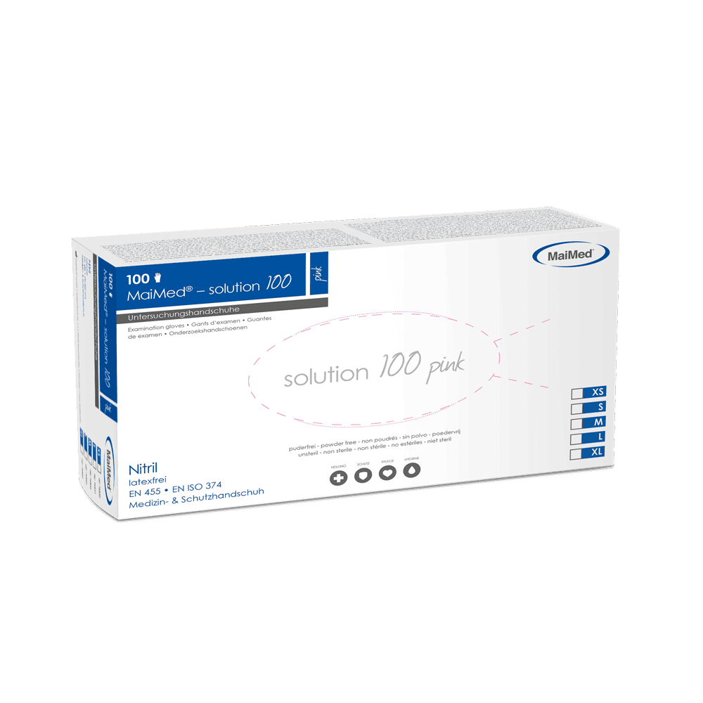 <strong>MaiMed® solution 100</strong><br>Einmalhandschuhe Nitril<br>10 Boxen à 100 Stück<br>pink