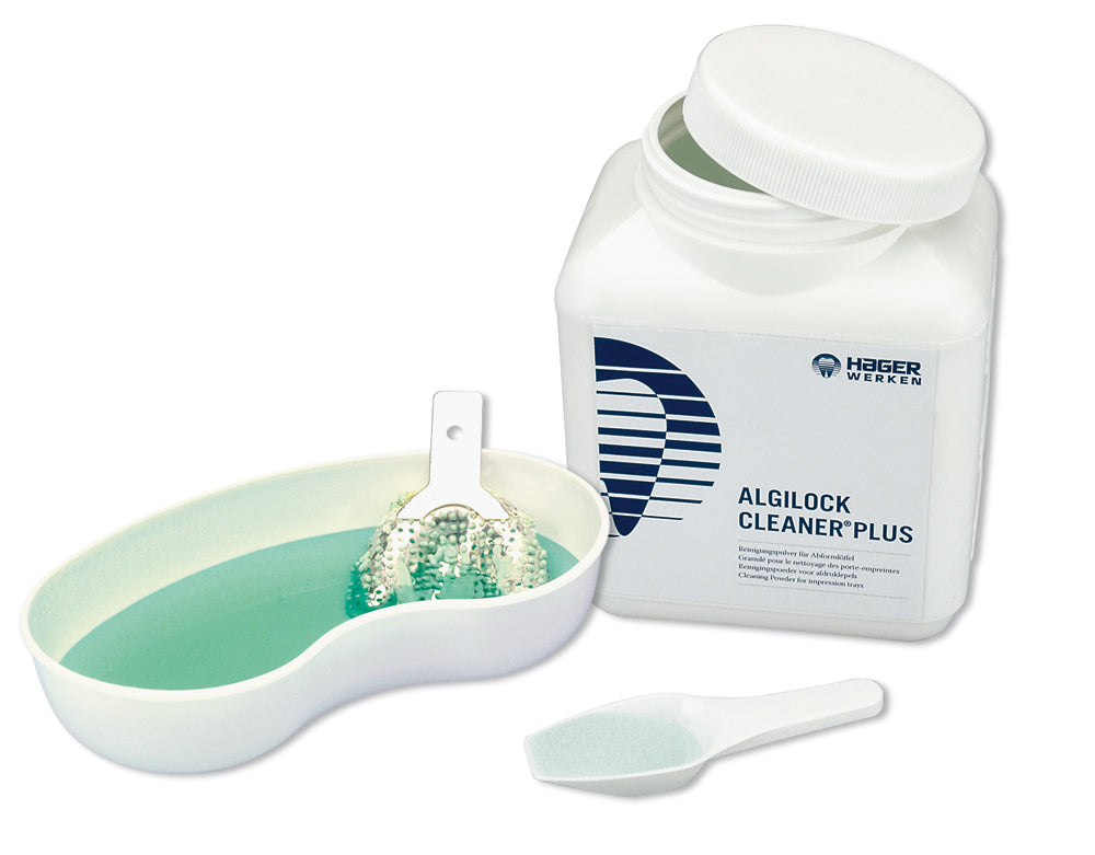 AlgilockCleanerPlus entfernt mühelos Gips und Alginate von Abformlöffeln, Instrumenten und Spateln. Kein umständliches und zeitraubendes Säubern,