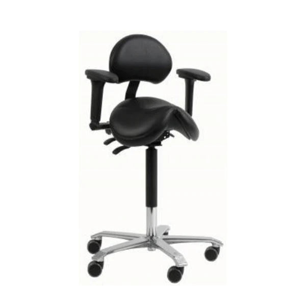 SCORE® Sattelstuhl „BARRAGE“ mit Rückenlehne und Armlehnen für ergonomisches Sitzen, ideal für Zahnarztpraxen und Labor, höhenverstellbar, unterstützt eine gesunde Körperhaltung und fördert Komfort bei langen Sitzphasen