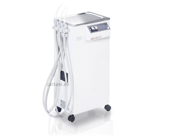 Cattani ASPI-JET 7 mobile Dental-Absaugung mit automatischer Drainage, flexiblem Absaugarm und geöffnetem Technikgehäuse für Zahnarztpraxis