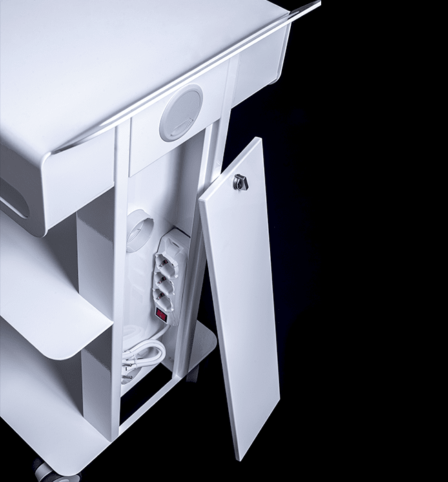 Edarredo Flexi 4C Cart – stilvolles Cart aus Stahl mit 3 Ablageflächen, einer Schublade mit Softeinzug, integriertem technischen Fach und leisen Rollen mit Feststellbremse, perfekt für Praxisräume