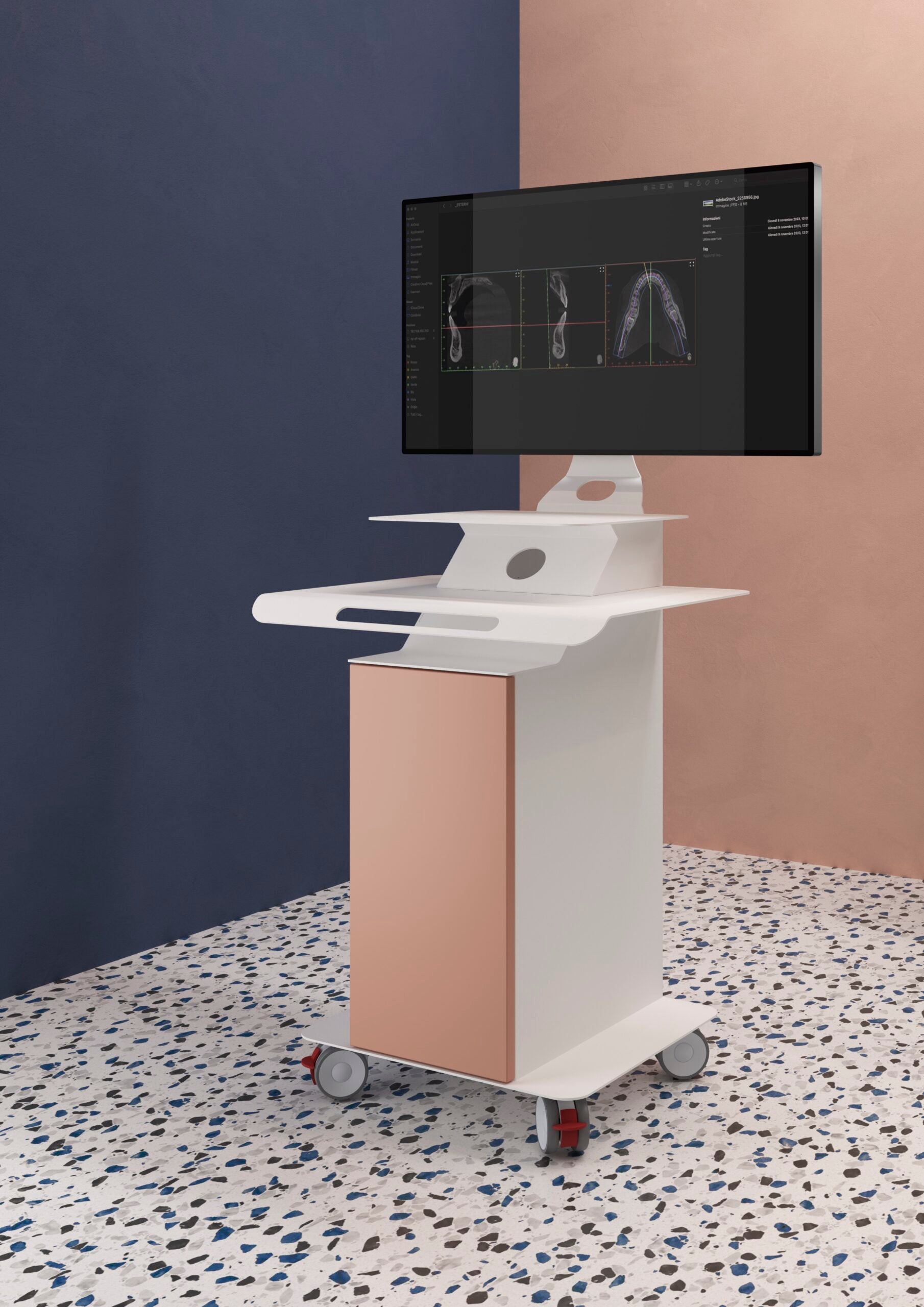 Edarredo TENDER – dynamische Workstation mit ergonomischem Design, idealer Rollwagen für Intraoral-Scanner, PC oder Laptop in der Dentalpraxis
