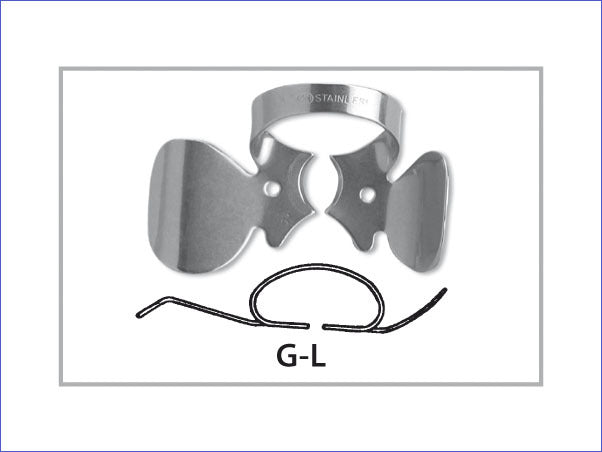<strong>Fit-Kofferdam® Klammern G-R und G-L</strong><br>Klammern mit Watterollenhalterung