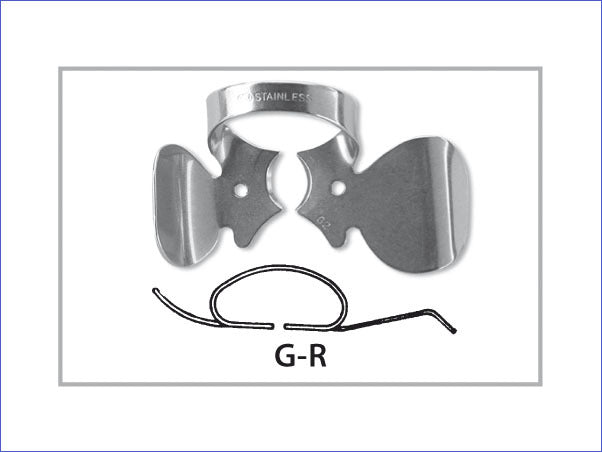 <strong>Fit-Kofferdam® Klammern G-R und G-L</strong><br>Klammern mit Watterollenhalterung