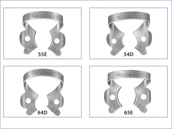 Hager & Werken Fit-Kofferdam® Kinderklammern für die anatomische Form von Milchzähnen, einzeln oder als Kit mit acht Klammern auf einem Klammerbord.