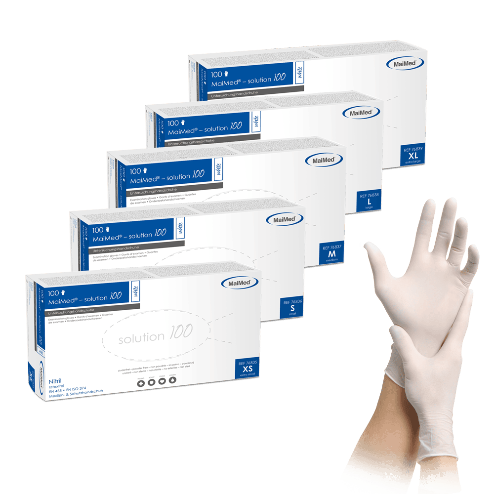 <strong>MaiMed® solution 100</strong><br>Einmalhandschuhe Nitril<br>10 Boxen à 100 Stück<br> white