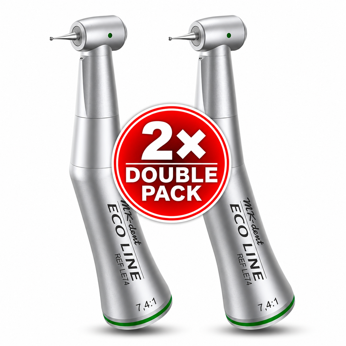 Zwei MK-dent ECO LINE LE74 Winkelstücke ohne Licht mit 7,4:1-Untersetzung und grüner Kennzeichnung im Double Pack