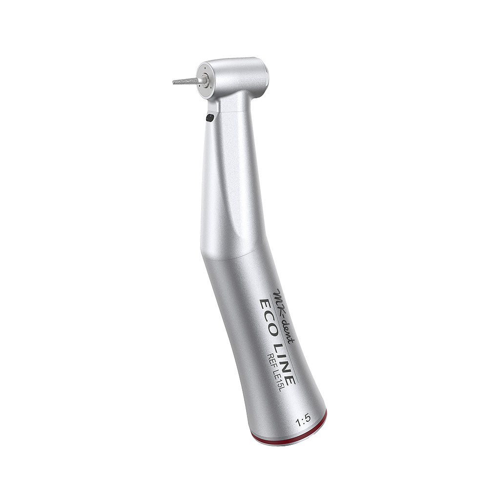 MK-dent LE15L Eco Line rotes Winkelstück 1:5 mit Glasstab-Lichtleiter, FG-Bohreraufnahme und Dreifach-Spray