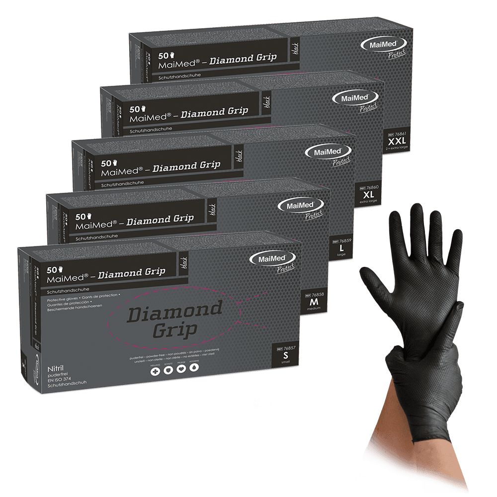 MaiMed® Diamond Grip robuste schwarze Nitril-Schutzhandschuhe mit 6 mil Materialstärke und ausgeprägter Diamant-Texturierung.