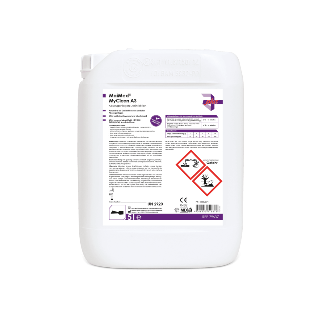 MaiMed® MyClean AS ist ein Konzentrat zur Desinfektion von dentalen Absauganlagen. Es zeichnet sich durch seine sehr gute Reinigungsleistung und Materialverträglichkeit sowie einen angenehmen Geruch aus. Es wirkt zuverlässig bakterizid und levurozid.