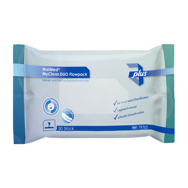 MaiMed® MyClean DUO Flowpack mit 50 gebrauchsfertigen alkoholhaltigen Tüchern zur hygienischen Hände- und Flächendesinfektion.