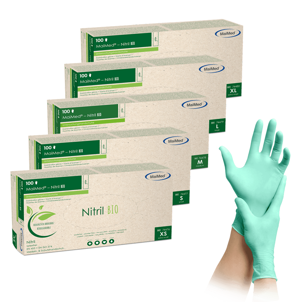 Umweltfreundlicher Einmalhandschuh aus Nitril – robust, dehnbar und biologisch abbaubar.