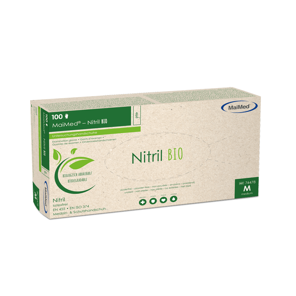 Umweltfreundlicher Einmalhandschuh aus Nitril – robust, dehnbar und biologisch abbaubar.