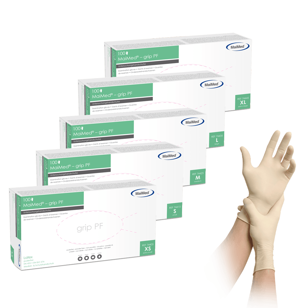 <strong>MaiMed®grip PF</strong><br>Einmalhandschuhe Latex<br>mikrogeraute Oberfläche sehr viel Grip