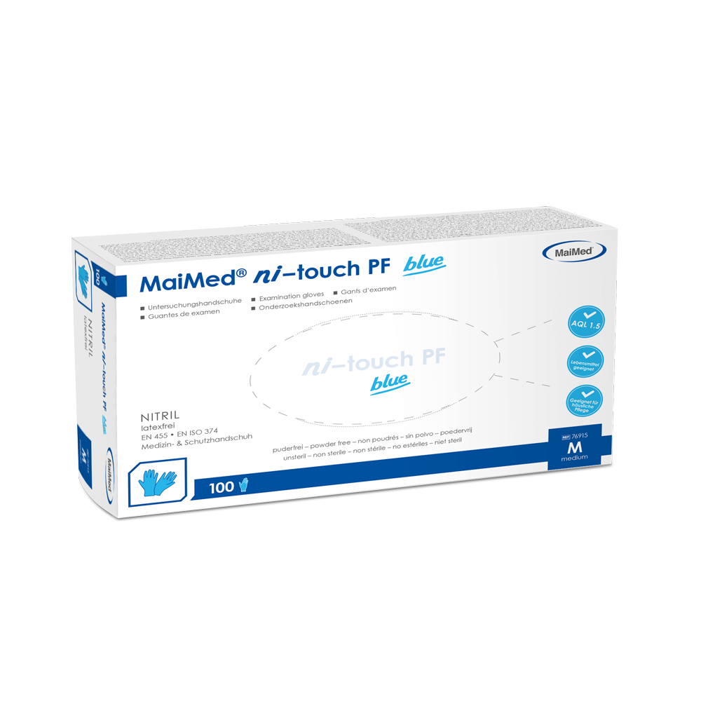 Der MaiMed® ni-touch PF ist ein hochwertiger Nitrilhandschuh, der sich durch seine Vielseitigkeit und Zuverlässigkeit auszeichnet. Dieser Handschuh ist speziell für den Einsatz in Bereichen konzipiert, in denen Hygiene und Handprotektion von größter Bedeutung sind