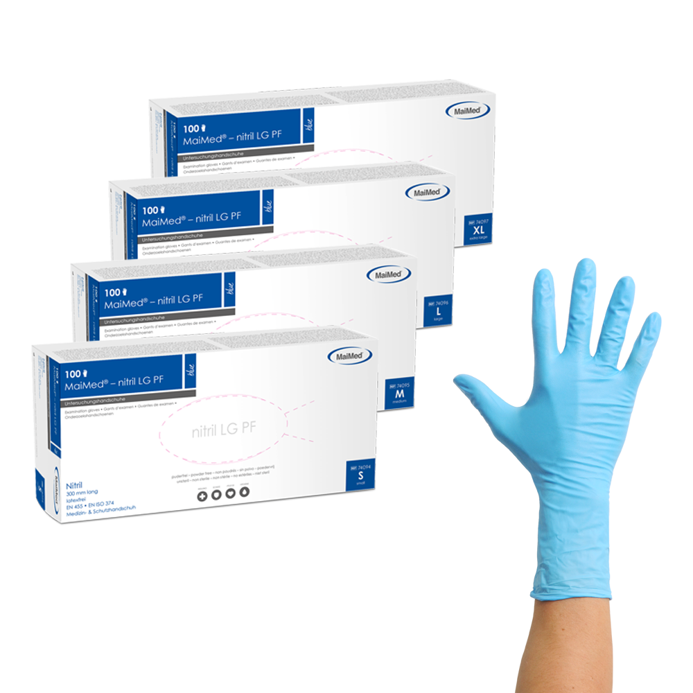<strong>MaiMed® nitril LG PF</strong><br>Einmalhandschuhe Nitril<br>Extralanger Schaft für erweiterten Schutz