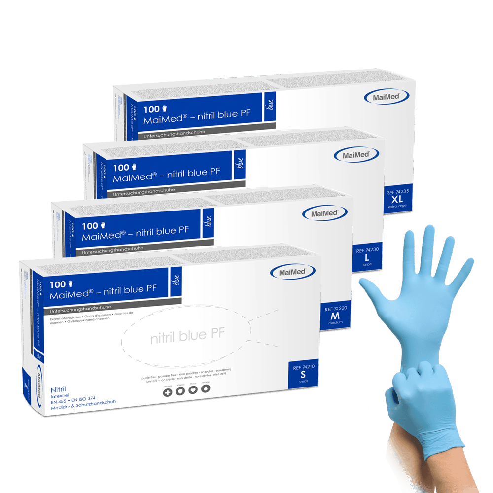 MaiMed® nitril blue PF robuste blaue Nitril-Untersuchungshandschuhe mit volltexturierter Oberfläche, puderfrei und latexfrei.