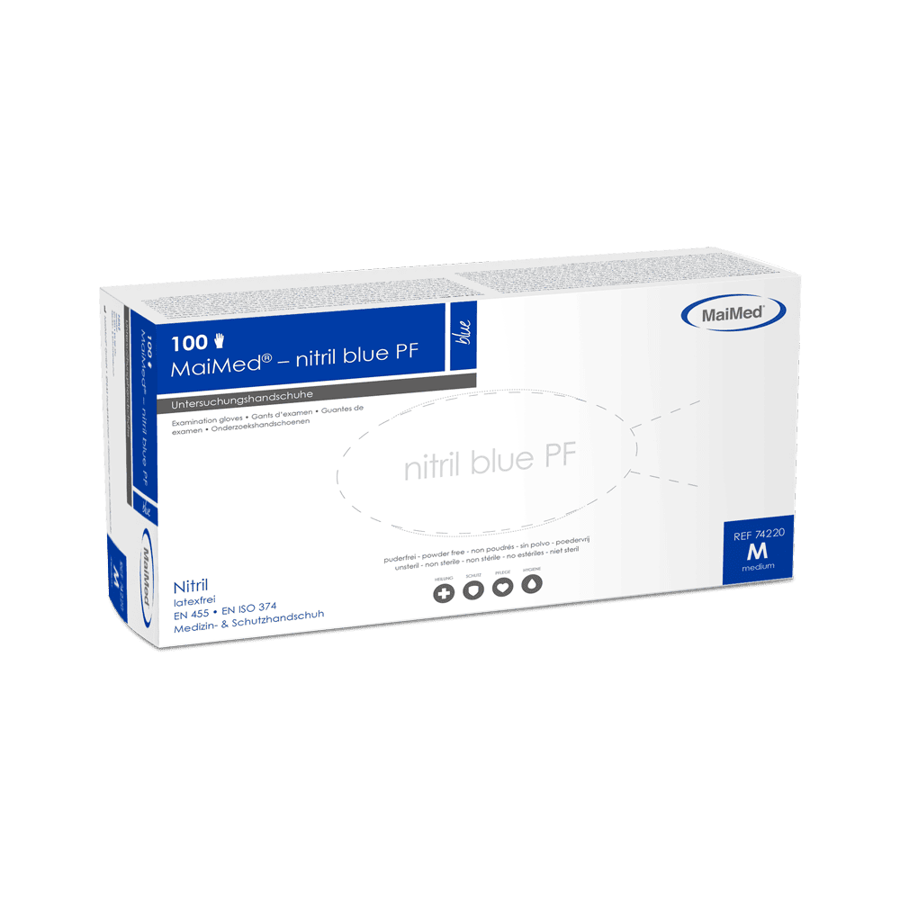 <strong>MaiMed®nitril blue PF</strong><br>Einmalhandschuhe Nitril<br>Überdurchschnittliche Wandstärke