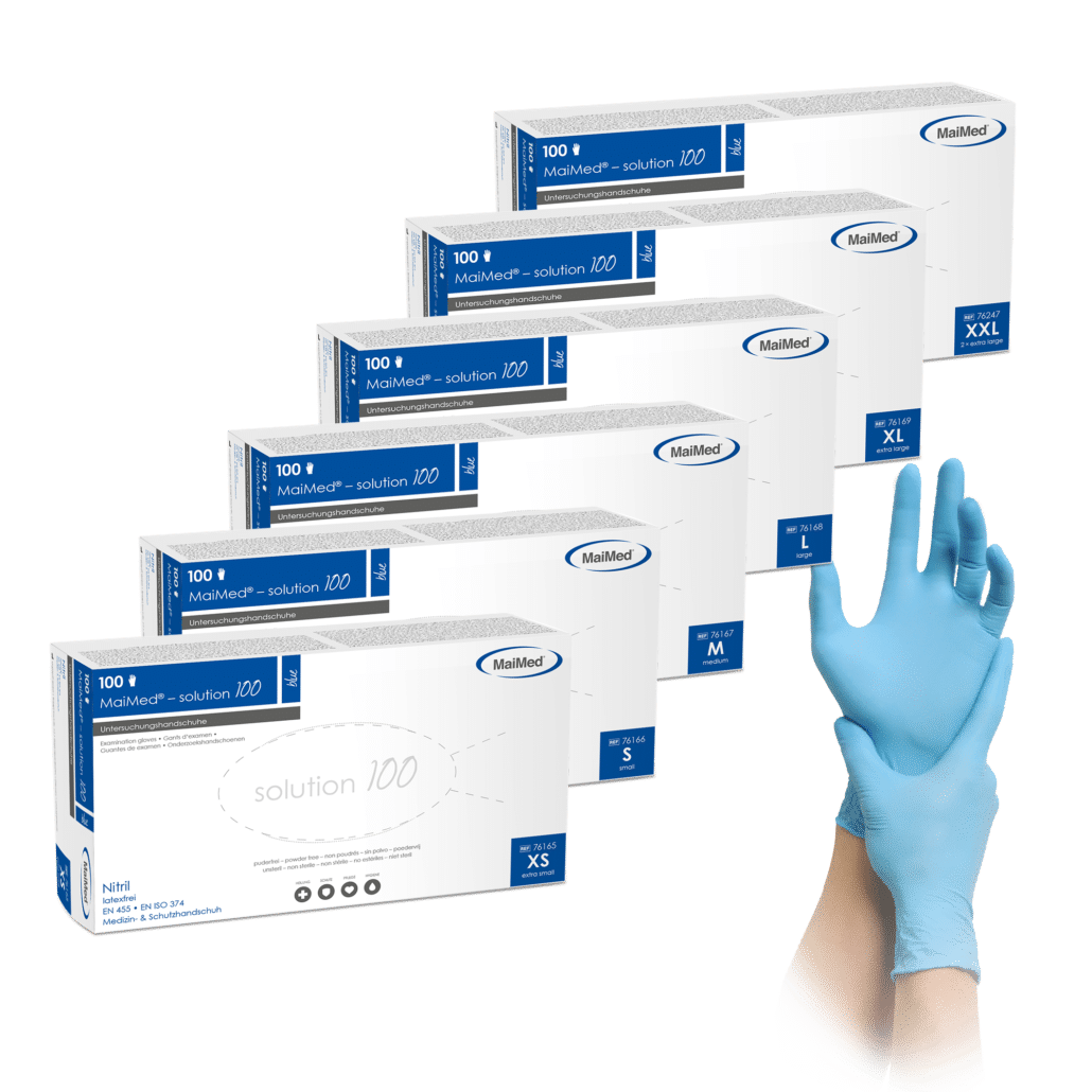 <strong>MaiMed® solution 100</strong><br>Einmalhandschuhe Nitril<br>10 Boxen à 100 Stück<br> blue