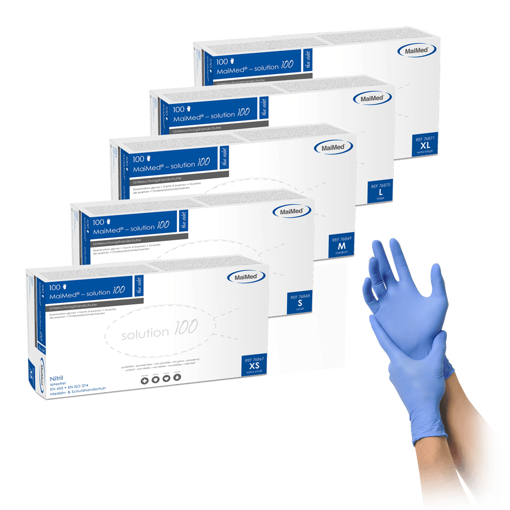 <strong>MaiMed® solution 100</strong><br>Einmalhandschuhe Nitril <br>10 Boxen à 100 Stück<br>blue violet