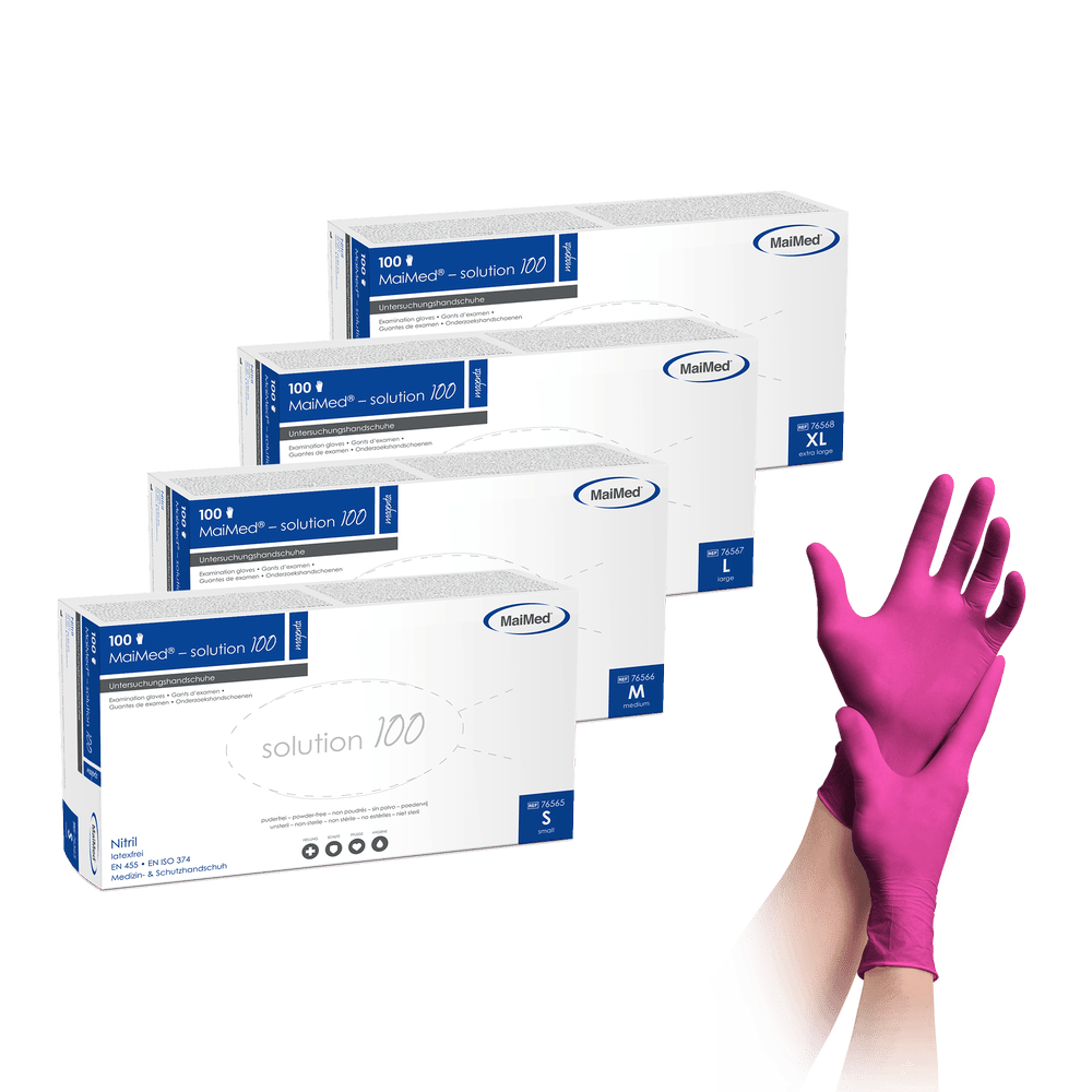 <strong>MaiMed® solution 100</strong><br> Einmalhandschuhe Nitril<br>10 Boxen à 100 Stück<br>magenta