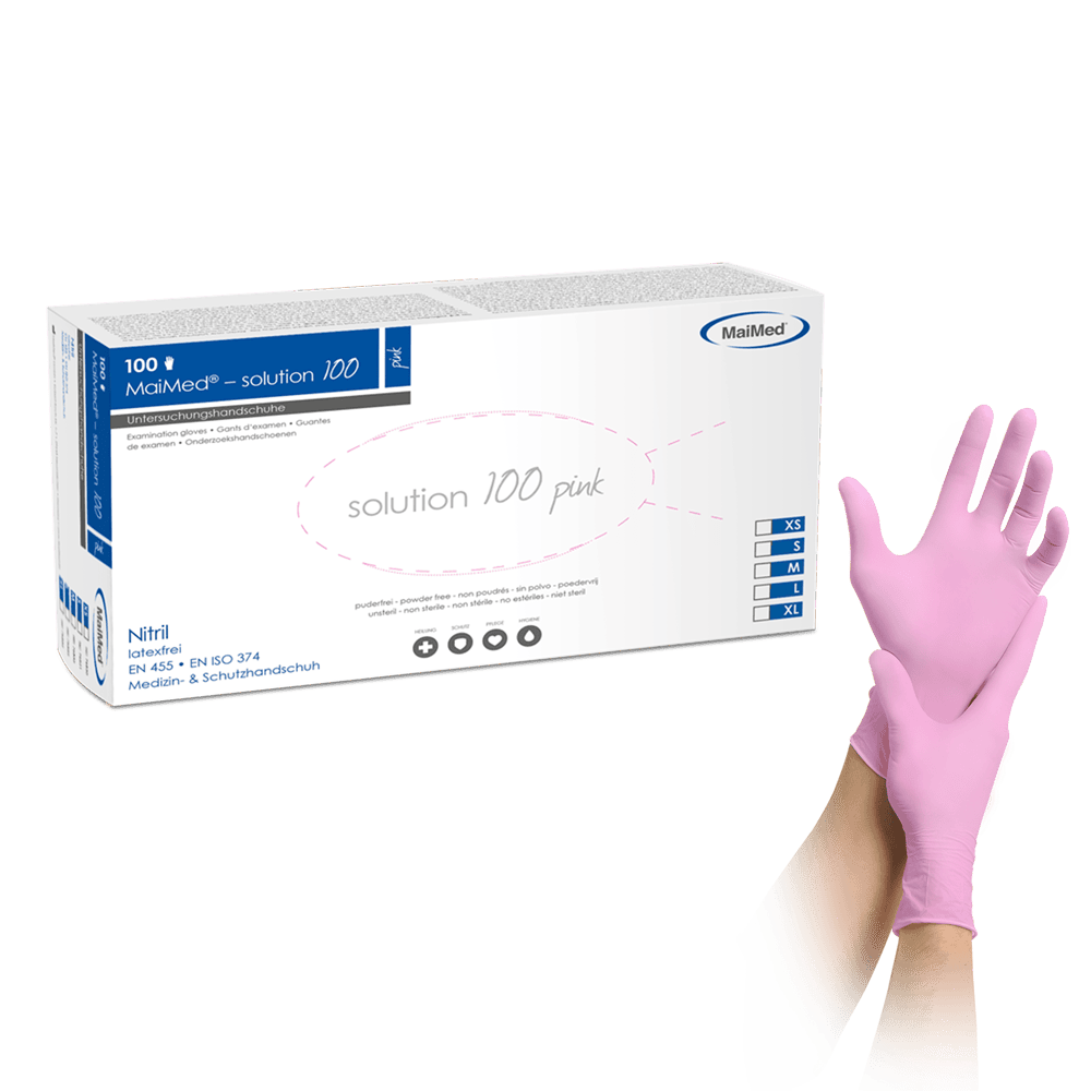 <strong>MaiMed® solution 100</strong><br>Einmalhandschuhe Nitril<br>10 Boxen à 100 Stück<br>pink
