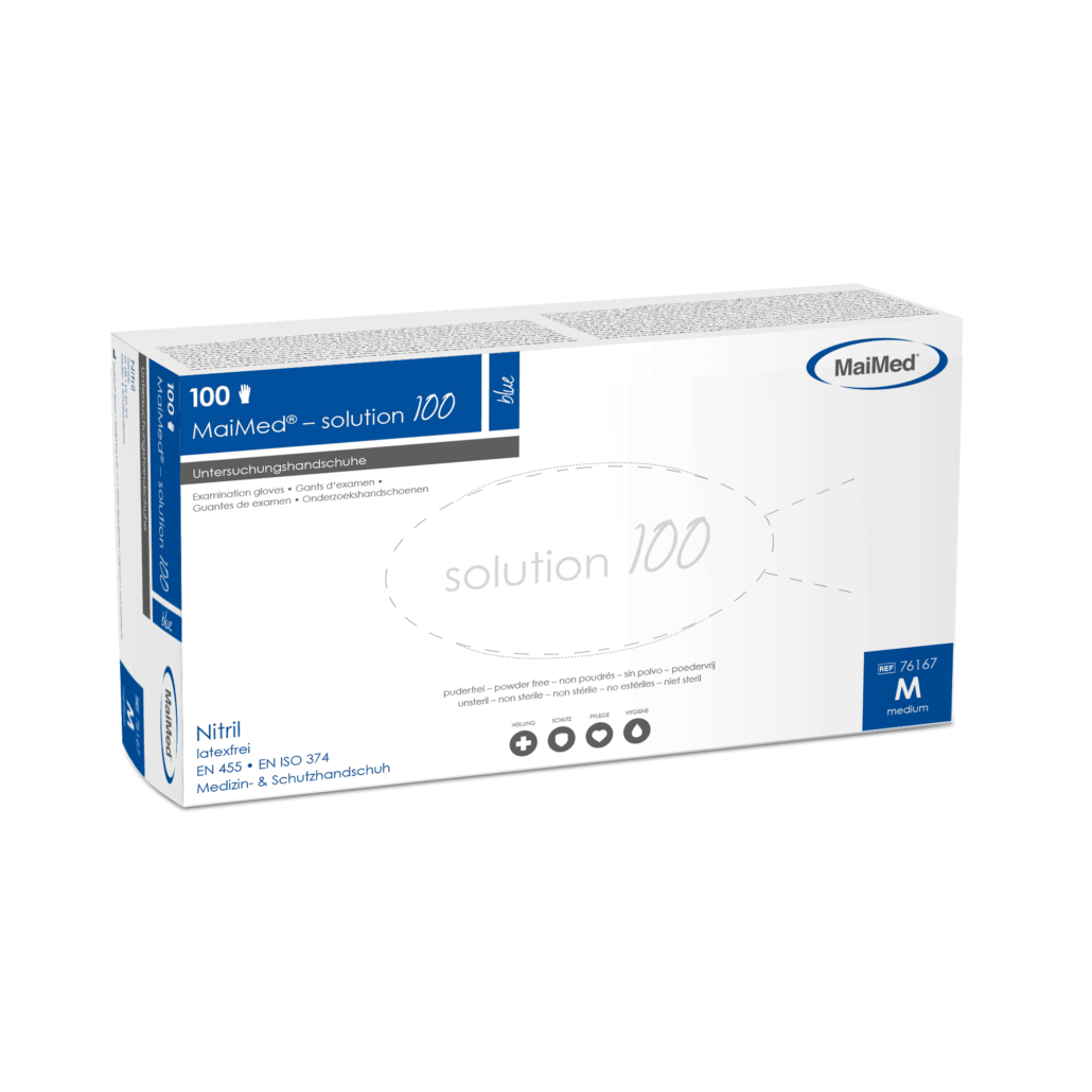 <strong>MaiMed® solution 100</strong><br>Einmalhandschuhe Nitril<br>10 Boxen à 100 Stück<br> blue