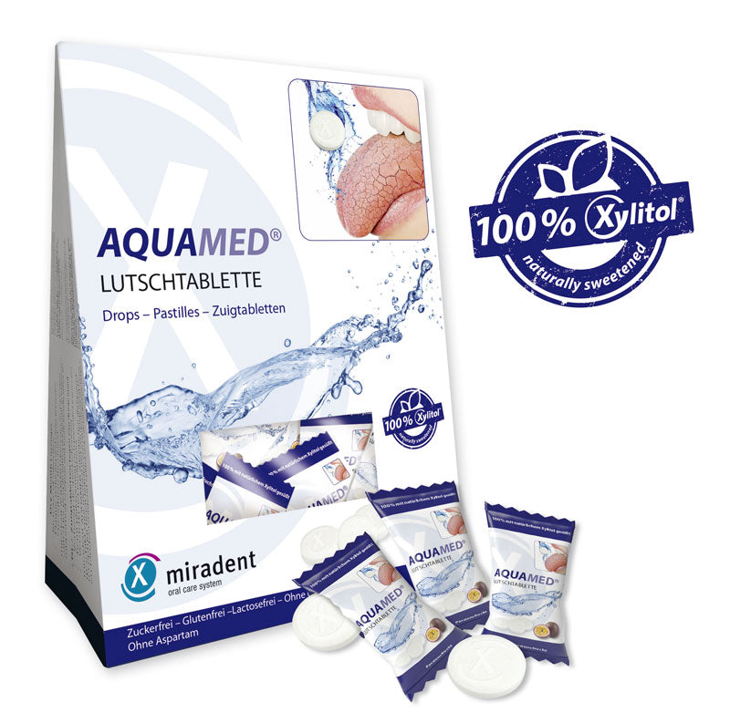 Zuckerfreie miradent Aquamed Drops mit Xylit zur Unterstützung der Speichelproduktion bei Mundtrockenheit