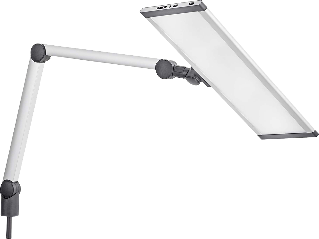REITEL LED COMFORT TABLE für Dentallabor und Praxis mit 4.650 Lux, einstellbarer Farbtemperatur, Gelenkarm und Standardklemme.