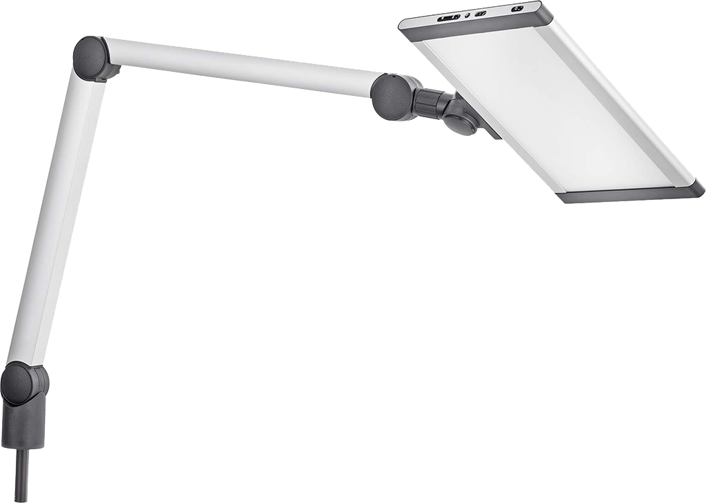 REITEL LED MINI TABLE Arbeitsplatzleuchte für Dentallabor und Praxis mit einstellbarer Farbtemperatur, Dimmer, Gelenkarm und Tischklemme.