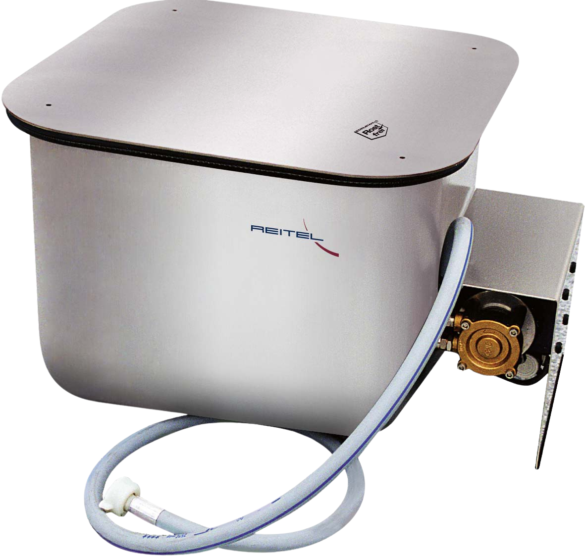 REITEL Umlaufkühlung für Induktionsgießgeräte mit Edelstahlgehäuse, 40-Liter-Wasserbehälter, Pumpe, Temperaturanzeige und Schmutzfilter.