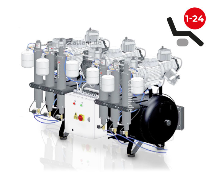 <strong>Cattani 6-Zylinder-Tridem-Kompressor mit 300l Tank</strong><br>1-24 Behandler / Labor<br>400V