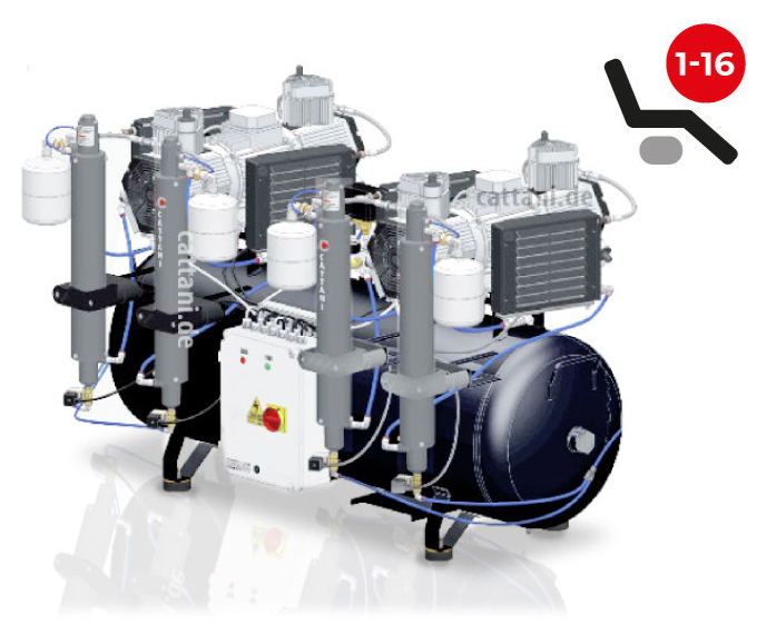 <strong>Cattani 6-Zylinder-Tandem-Kompressor mit 300l Tank</strong><br>1-16 Behandler / Labor<br>400V