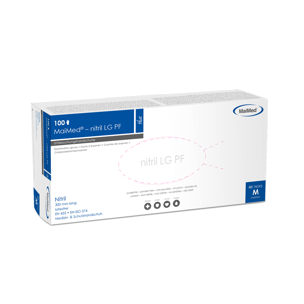 <strong>MaiMed® nitril LG PF</strong><br>Einmalhandschuhe Nitril<br>Extralanger Schaft für erweiterten Schutz
