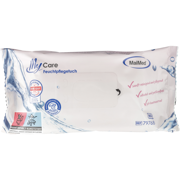 <strong>MaiMed® MyCare Feuchtpflegetuch</strong><br>Alkohol- und Parfümfrei<br>Reinigung und Pflege von Gesicht, Händen und Körper