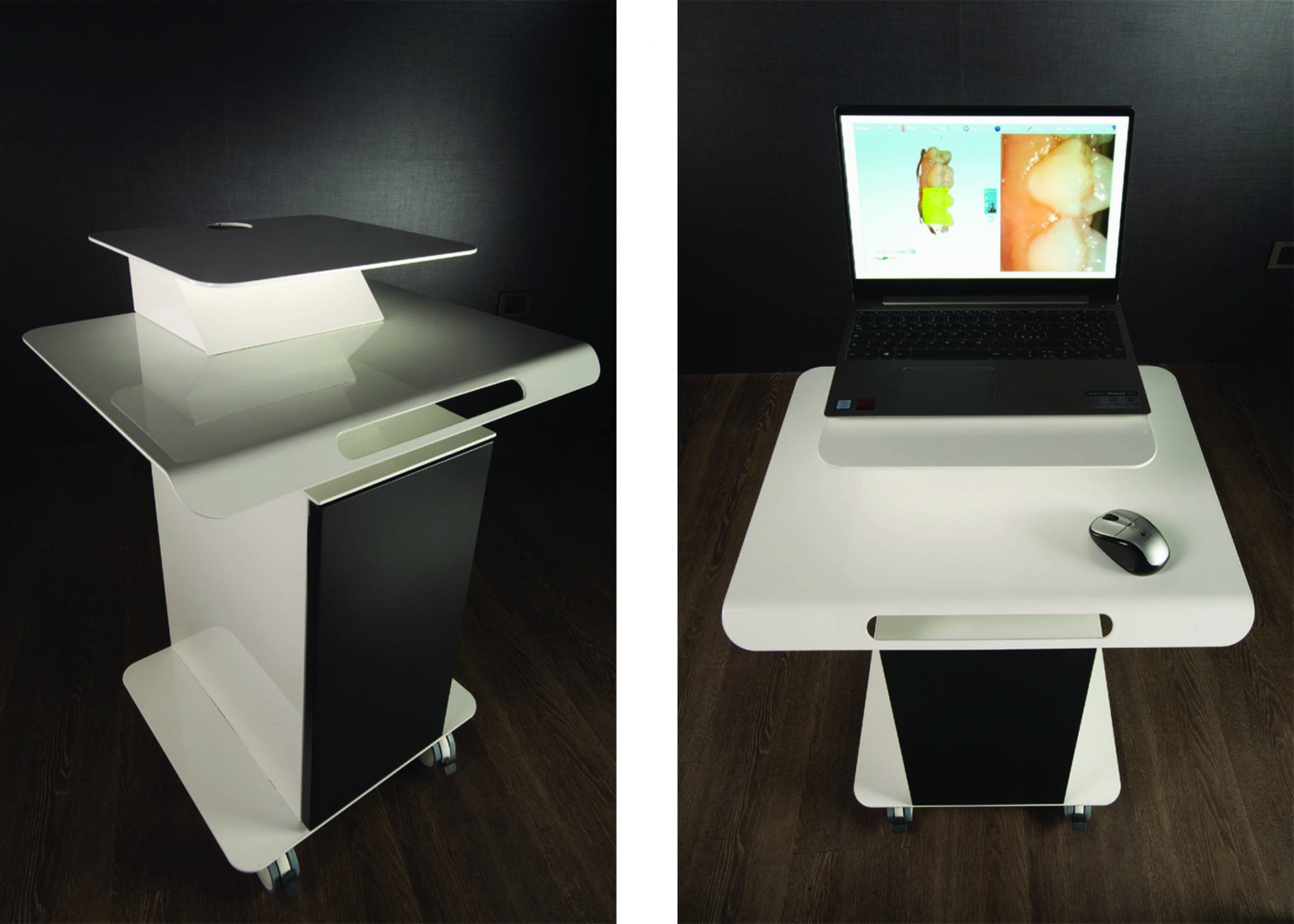 Edarredo TENDER – dynamische Workstation mit ergonomischem Design, idealer Rollwagen für Intraoral-Scanner, PC oder Laptop in der Dentalpraxis
