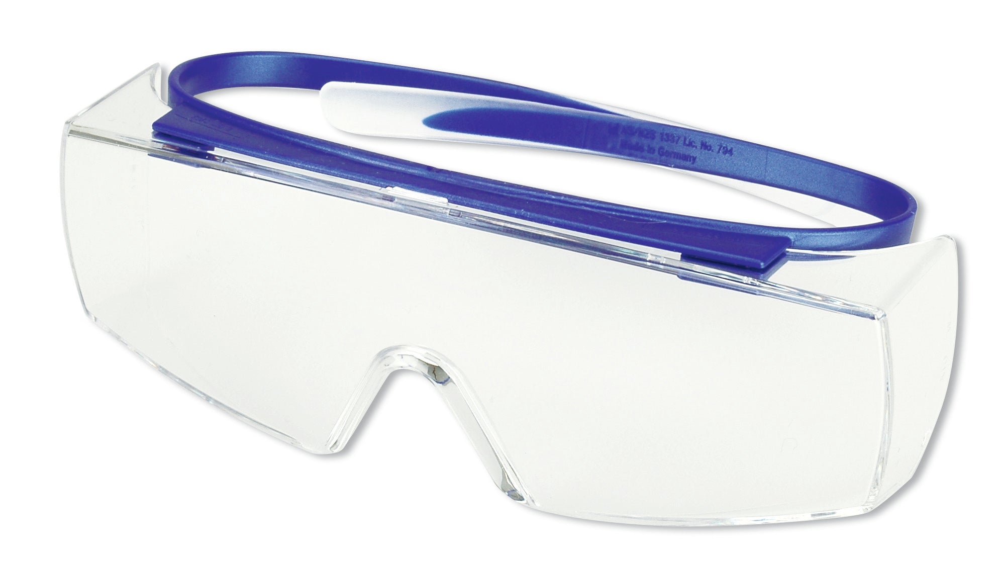 Hager & Werken iSpec Fit OTG Überbrille blau mit farbloser Scheibe für Brillenträger in Zahnarztpraxis und Dentallabor.