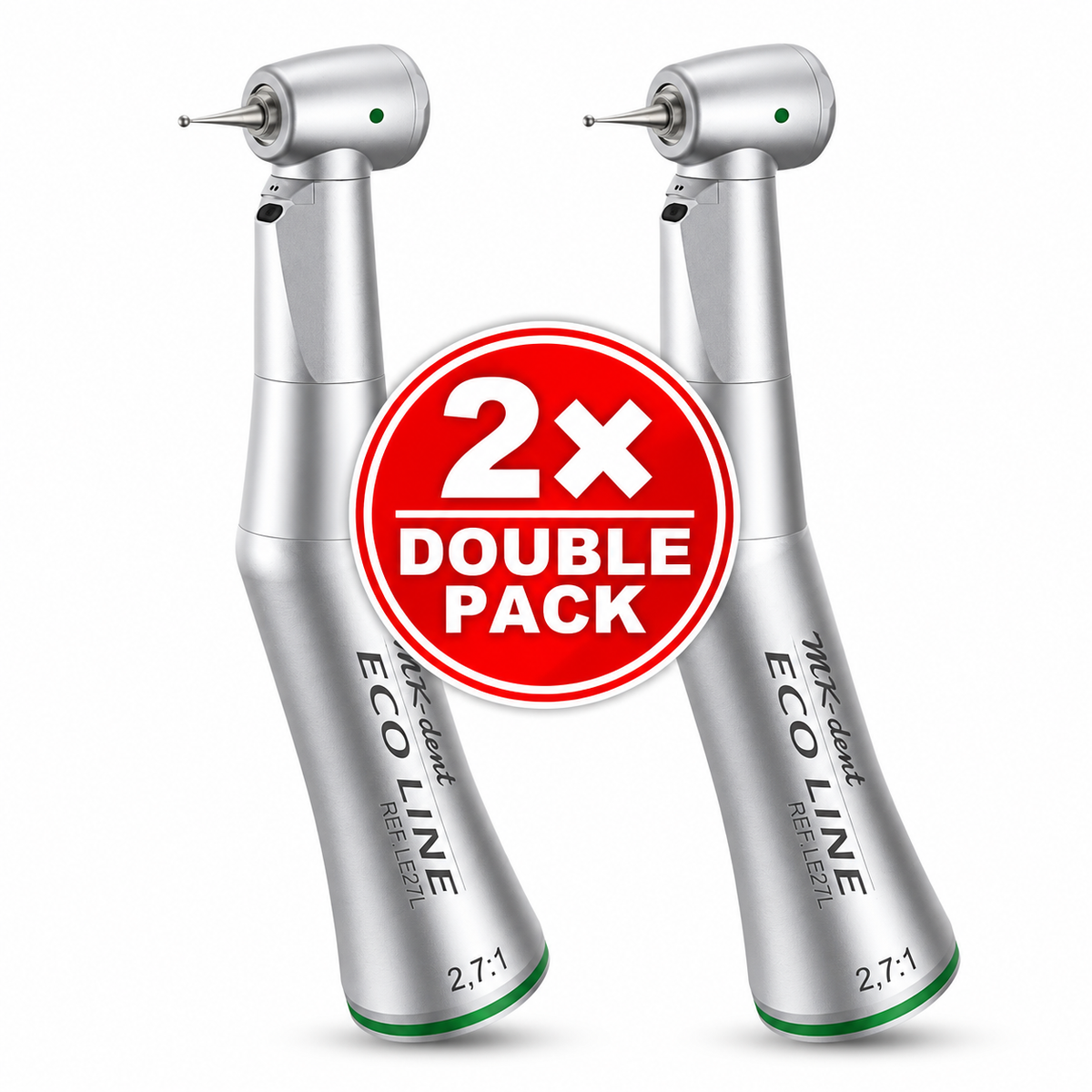 Zwei MK-dent ECO LINE LE27L Winkelstücke mit Licht und grüner Kennzeichnung im Double Pack