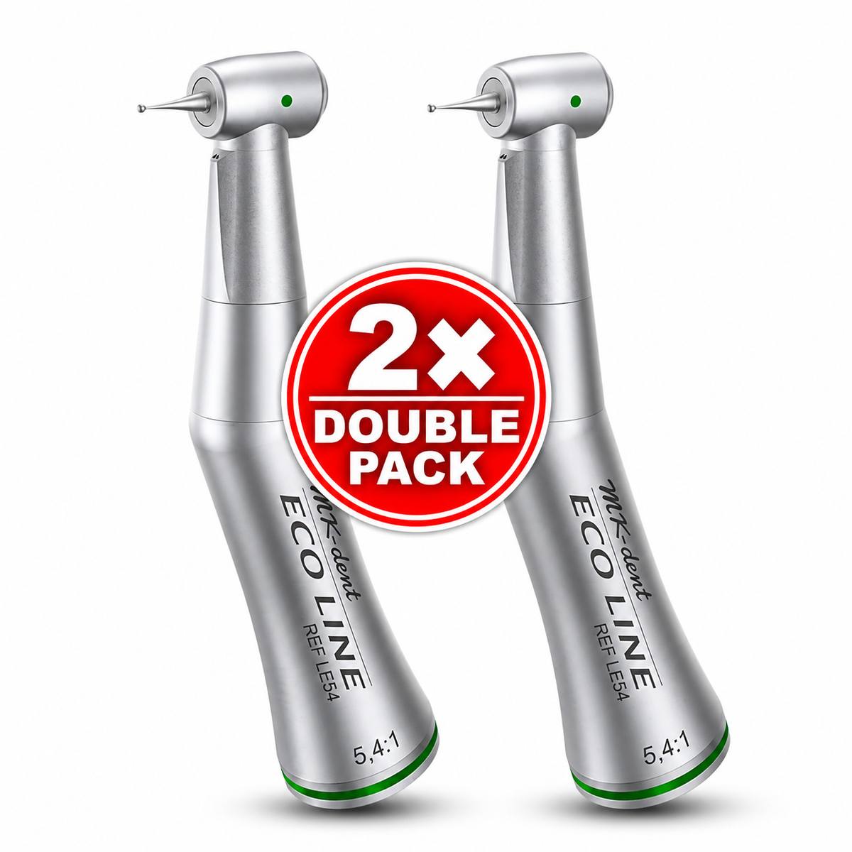 Zwei MK-dent ECO LINE LE54 Winkelstücke ohne Licht mit 5,4:1-Untersetzung und grüner Kennzeichnung im Double Pack