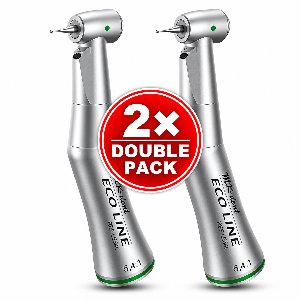 Zwei MK-dent ECO LINE LE54L Winkelstücke mit Licht und grüner Kennzeichnung im Double Pack, Untersetzung 5,4:1