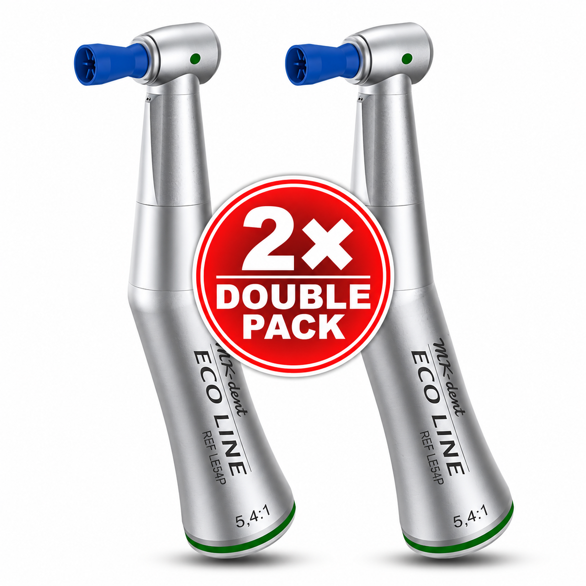 Zwei MK-dent ECO LINE LE54P Winkelstücke mit 5,4:1-Untersetzung und grüner Kennzeichnung im Double Pack