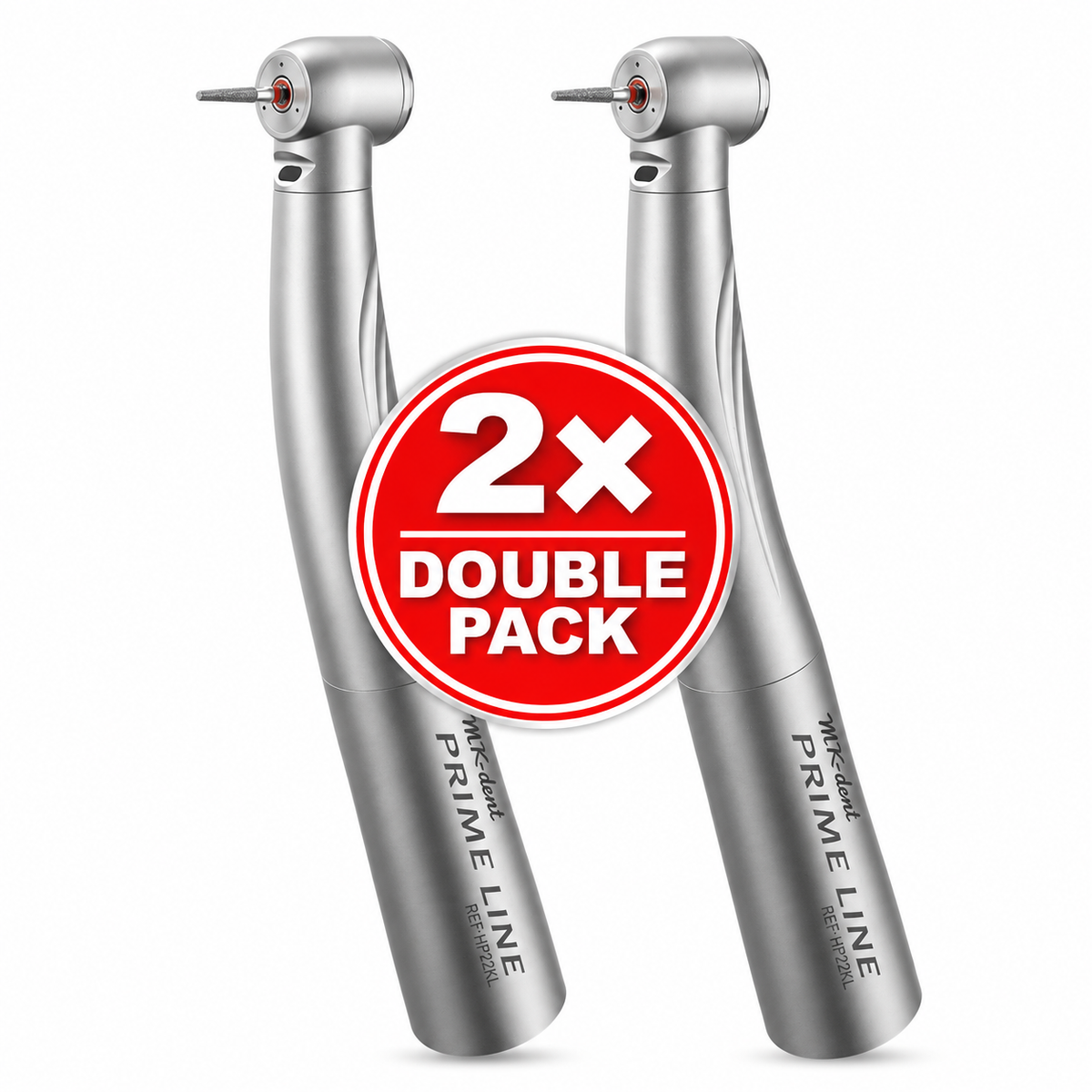 Zwei MK-dent PRIME LINE HP22KL Dentalturbinen mit Licht im Double Pack, kleiner Kopf und KaVo MULTIflex-kompatibler Anschluss