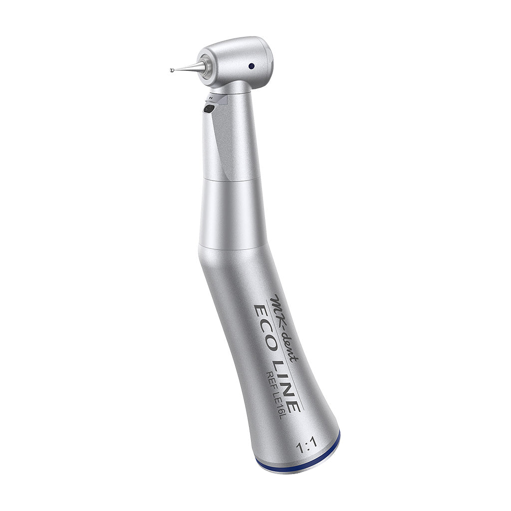 MK-dent LE16L Eco Line Winkelstück 1:1 blau mit Glasstab-Lichtleiter, FG-Bohreraufnahme Ø 1,6 mm und Chrombeschichtung