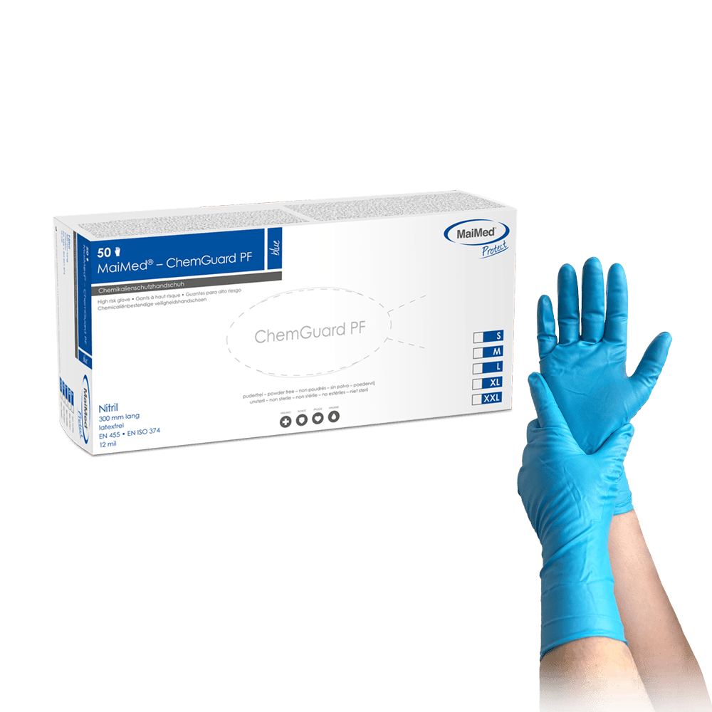 MaiMed® ChemGuard PF extra starke blaue Nitril-Chemikalienschutzhandschuhe mit 300 mm Länge und volltexturierter Oberfläche.