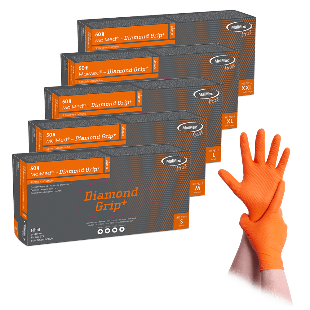 MaiMed® Diamond Grip+ robuste orange Nitril-Schutzhandschuhe mit 8 mil Materialstärke und ausgeprägter Diamant-Texturierung.